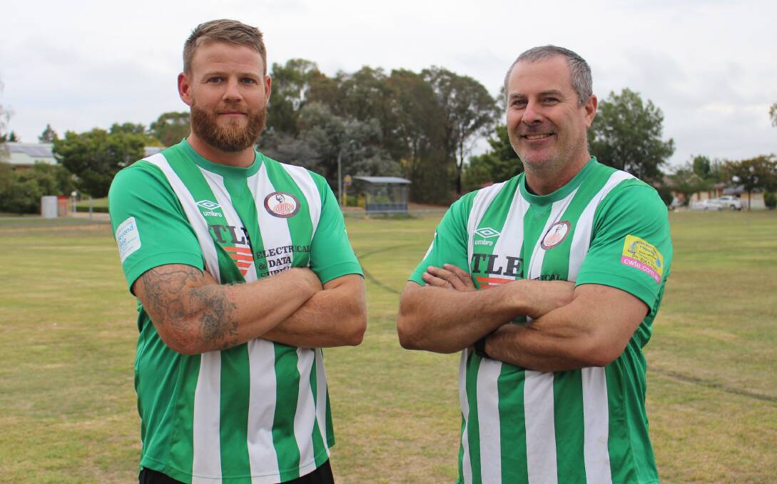 BACK IN TOP FLIGHT: Barnstoneworth player Josh Summerson and 2020 WPL coach Rob Dawson in the club's 2019 green jumpers. Photo: MAX STAINKAMPH