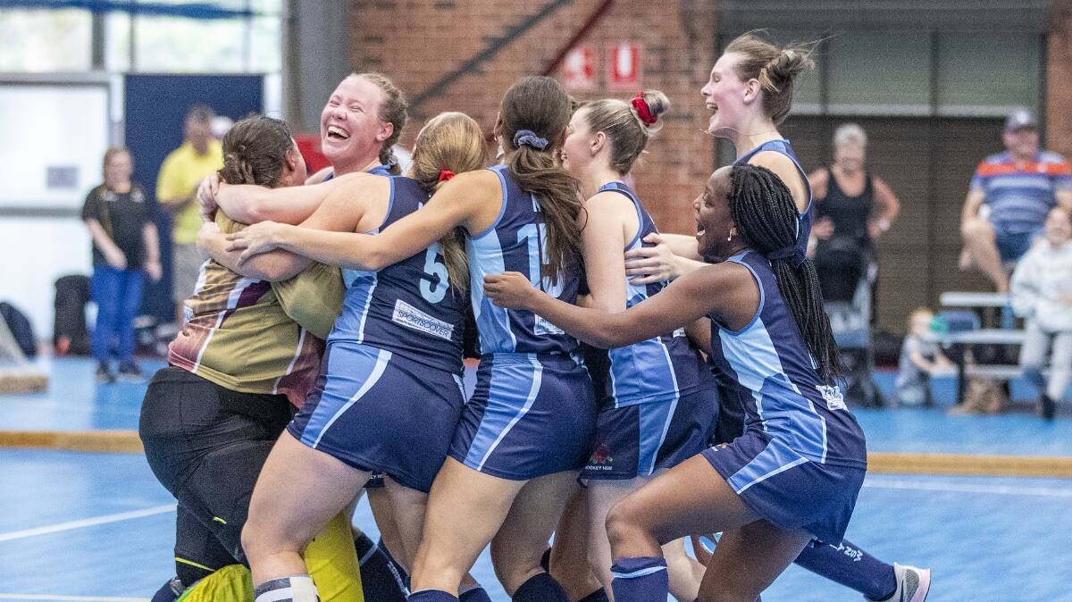 ELATED: Chloe Barrett's NSW Blue side snared a miracle win in the Hockey Australia 2020 Open Women's Indoor Championship gold medal match against Western Australia. Photo: HOCKEY AUSTRALIA/CLICK IN FOCUS
