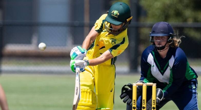 HITTING OUT: Phoebe Litchfield in Australian colours as part of the CA XI at nationals at the start of 2019. She'll return to the green and gold outfit as part of the Governor General's XI next week. Photo: BRODY GROGAN