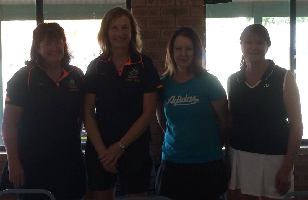 WINNERS ARE GRINNERS: Lindy Crossley, Janet Davenport, Sue Vaughan and Chrissie Kjoller, the members of the Orange Ex-Services B Grade Ladies' Tennis Team who won the Teams Tournament at Cowra last week. They won the final 54 games to 29. Photo: SUPPLIED. 