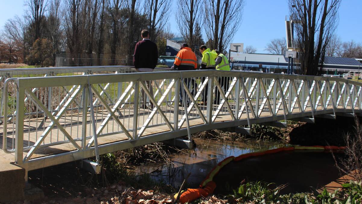 ASSESSING: Council staff assessing the damage of the chemical spill along the creek on Friday. Photo: MAX STAINKAMPH