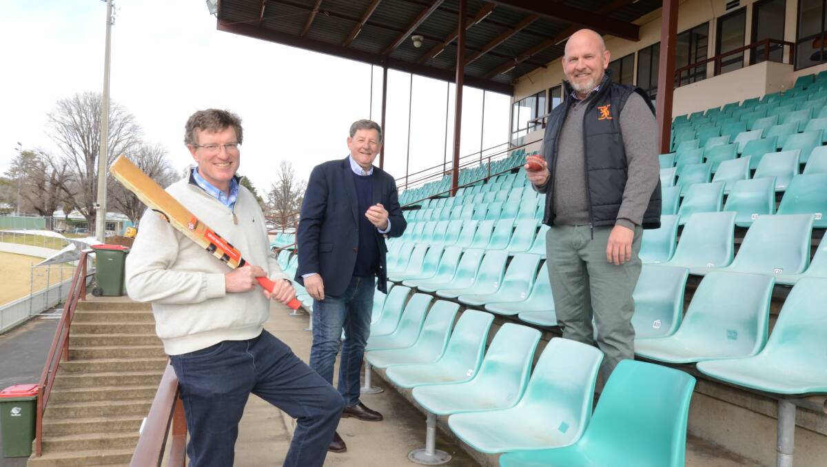 TOP ORDER: Member for Calare Andrew Gee with Orange City Council's Reg Kidd and Jason Hamling in the Wade Park Grandstand. Photo: JUDE KEOGH