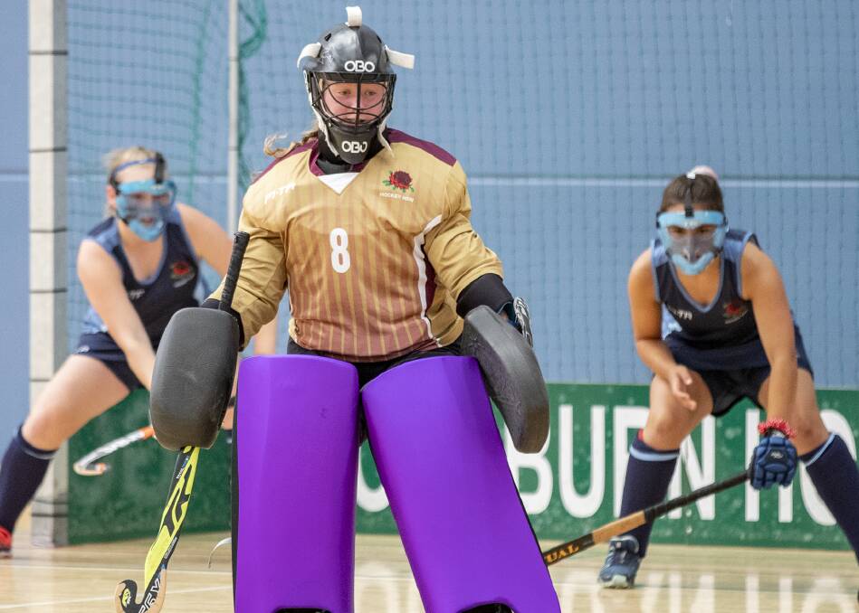 SHOT-STOPPER: Jess Healey has been stoic in goals for the NSW Stars at Goulburn during the under-13 indoor hockey national titles. Photo: CLICK IN FOCUS. 