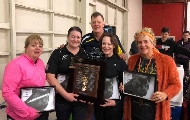 WINNERS ARE GRINNERS: Rhonda Cavalli, Belinda Thurtell, Dave Fuller, Kym Knight and Jackie Kirk with their haul on Sunday. Photo: SUPPLIED