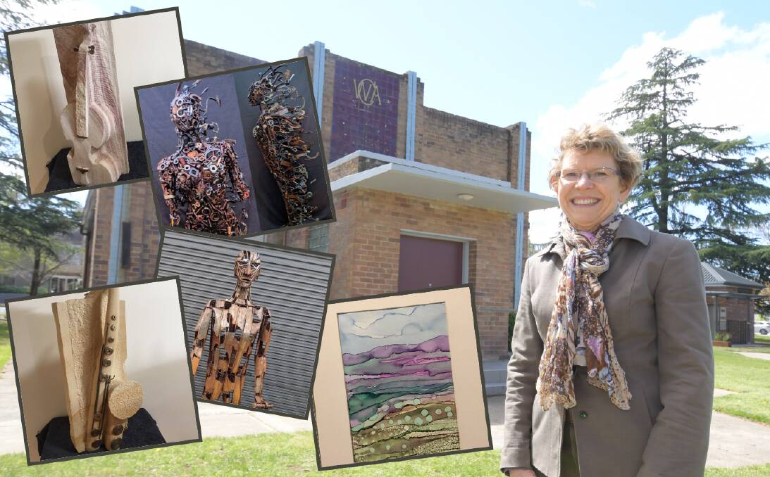 READY TO GO: Robin Marshall out the front of the CWA Hall, with (inserts) some of the art ready to go on display from Friday ahead of the long weekend. Main photo: JUDE KEOGH