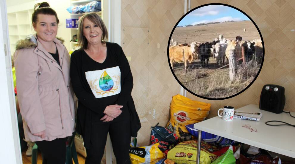 HELPING HAND: Sharni Burrell and Karlie Irwin with dog food and (insert) cattle out near Cumnock which chased the truck after smelling hay. Photo: MAX STAINKAMPH