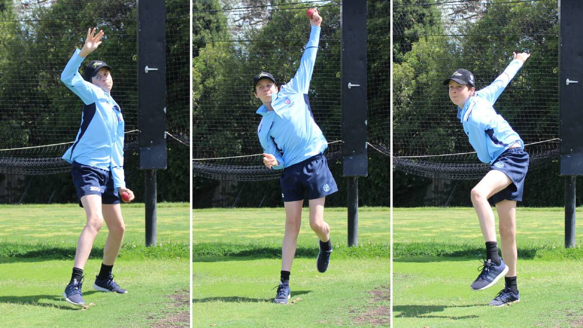 SPIN IT: George Cumming rolls the arm over in his NSW Country academy shirt at Kinross on Monday. Photo: MAX STAINKAMPH