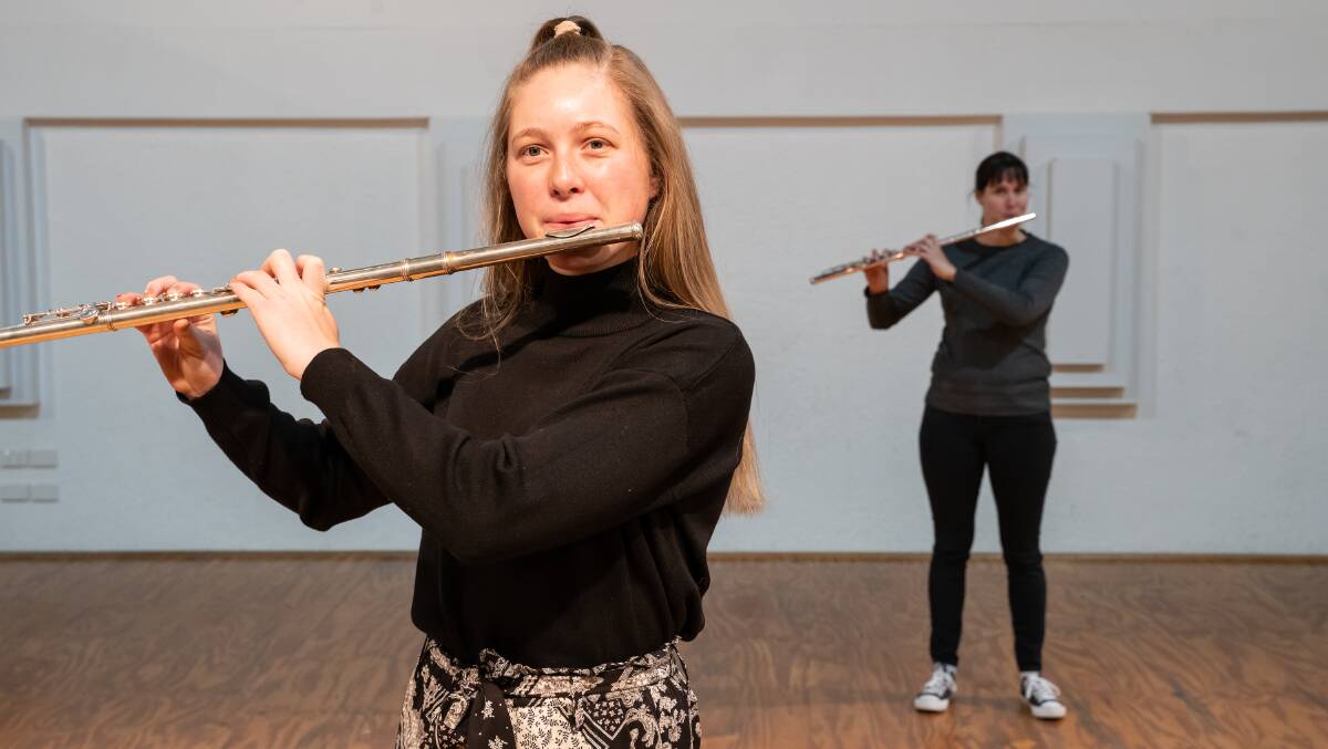 Image: Orange High School HSC Music Student Caitlin Size and Orange Regional Conservatorium tutor, Cassandra Bennett. Most rooms are now considered too small to learn or rehearse wind instruments.