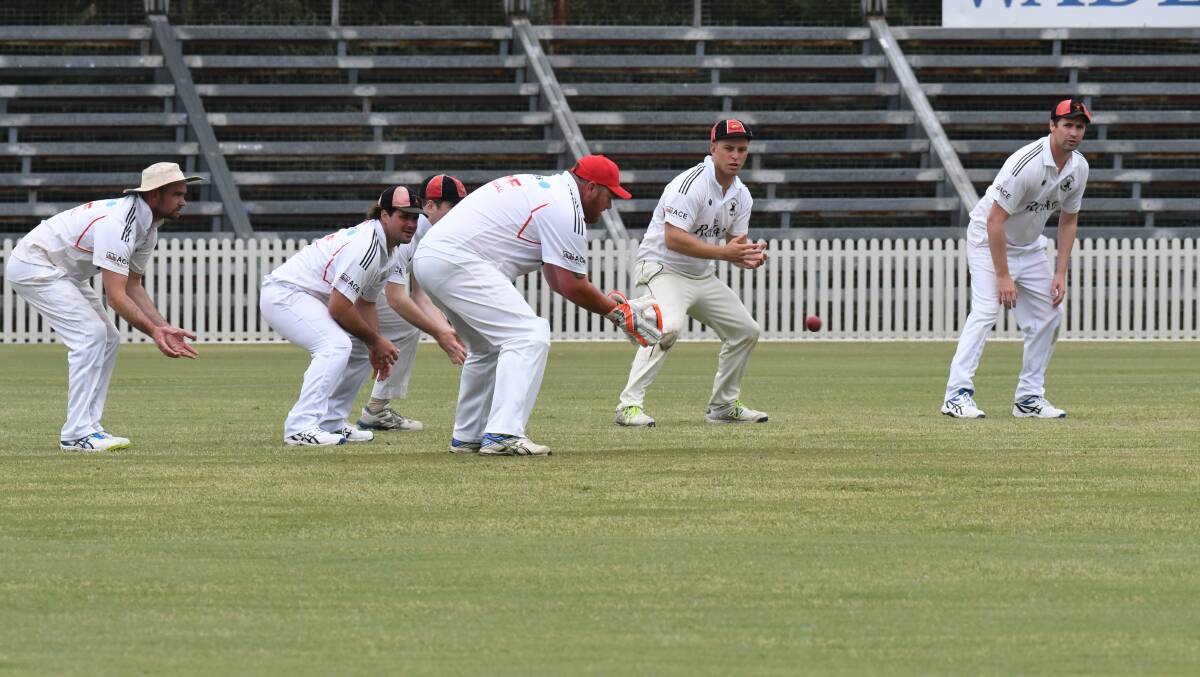 CHAT FROM THE SLIPS: Centrals' slip cordon, led by wicket-keeper Dean Turner, had a work-out on Saturday as Kinross struggled to navigate a difficult pitch at Wade Park. Photo: JUDE KEOGH