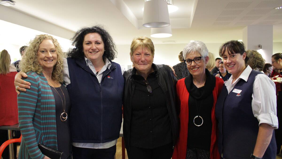 FAREWELL SUE: Meg O'Brien, Mim Eaton, Sue Patterson, Barb Cridlands and Kim Dickerson at Mrs Patterson's farewell. Photo: MAX STAINKAMPH 0809MSsue1. 