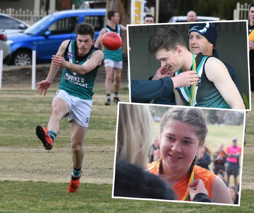 WINNERS: Bill Watterson on the field (main) while he and Giants' Matilda Flood receive their premiership medals on Saturday. Photos: CHRIS SEABROOK. 