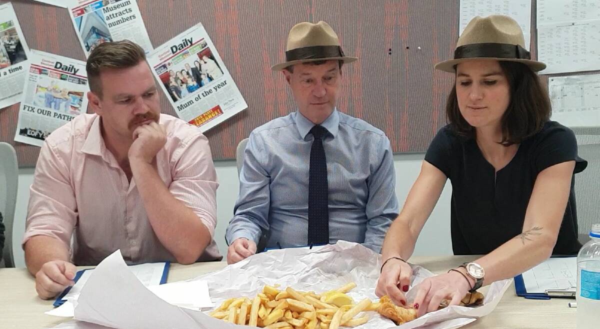 HATTED REVIEWERS: Judges Matt 'I just like eating' Findlay, David 'Fish-Man' Fitzsimons and Alex 'Chip Connoisseur' Crowe tuck in to the winning dish. 