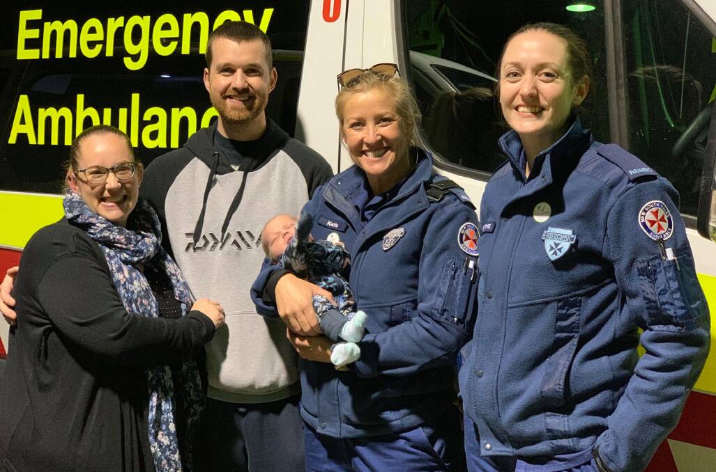 REUNITED: Proud parents Tara, Andrew and Lewis McIntosh with paramedic Katie McLean and trainee Collette Finch. Photo: SUPPLIED