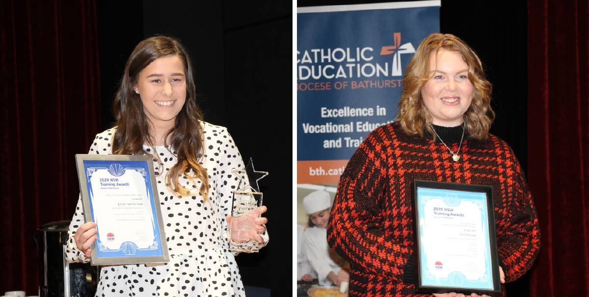 RECOGNISED: James Sheahan Catholic High School students Tori Pellow and Emily Vardanega last week as they accepted awards from Training NSW. Photo: SUPPLIED