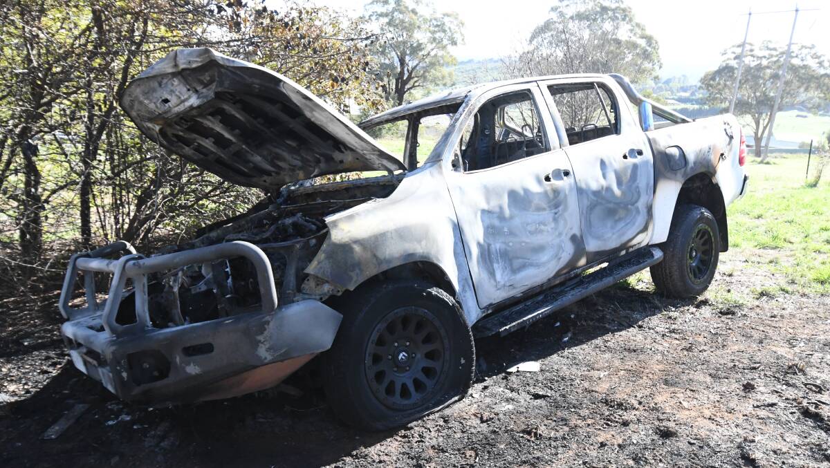 WRECKAGE: The burned-out Toyota Hilux which was torched in the early hours of Friday. Photo: JUDE KEOGH