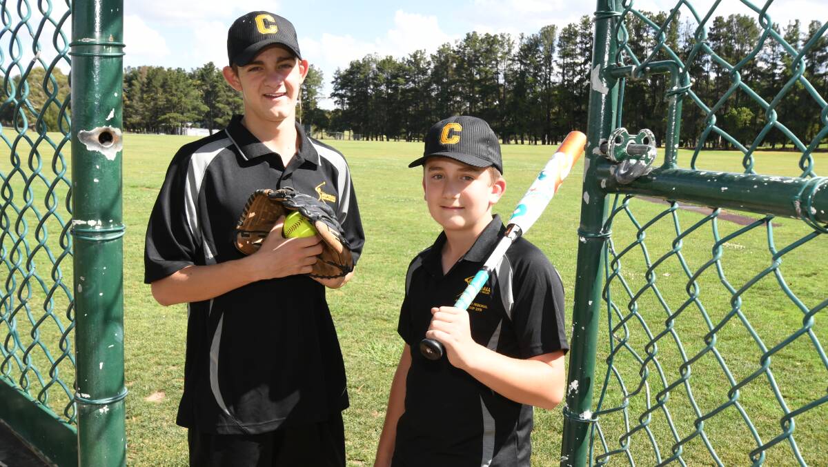 BATTER UP: Nathan Hewitt and Finley Gutherson are two of the three Orange softballers who are teeing up for the Under 15 Boys Regional Softball Championships. Ky Hurst (absent) will also travel. Photo: JUDE KEOGH