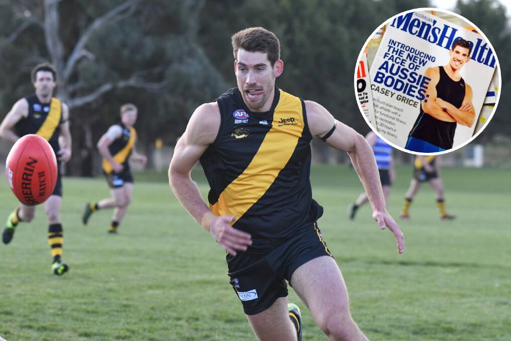 MR GRICE GUY: Tigers' recruit Casey Grice hunts the footy during his side's win over Parkes while (inset) Grice on the cover of Men's Health in 2015. Main photo: JUDE KEOGH
