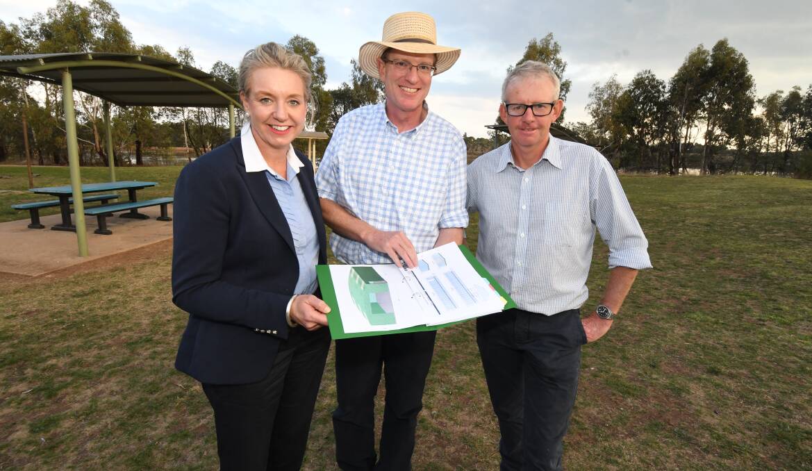 SHEDLOADS OF FUN: Federal sports minister Bridget McKenzie, member for Calare Andrew Gee and Orange Cycle and Triathlon Club president Phil Tudor. Photo: JUDE KEOGH