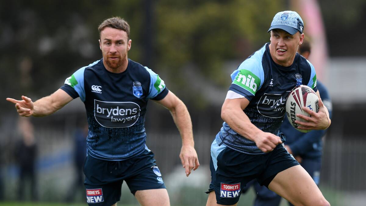 DYNAMIC DUO: James Maloney and Jack Wighton in the Blues' camp during the week. Photo: AAP/DAN HIMBRECHTS