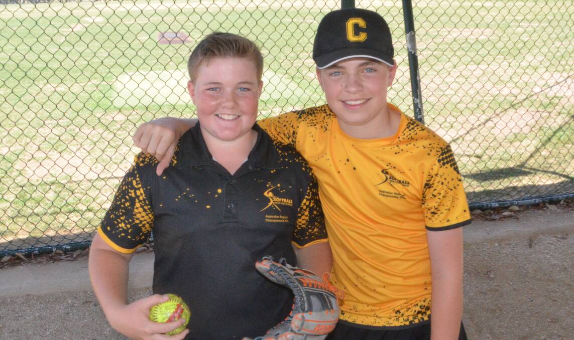 RIVALS UNITING: Matt McKenna and Michael Berndt came together in the NSW Country Gold side at the 2020 U14 Boys Regional Softball Championship last week. Photo: MAX STAINKAMPH