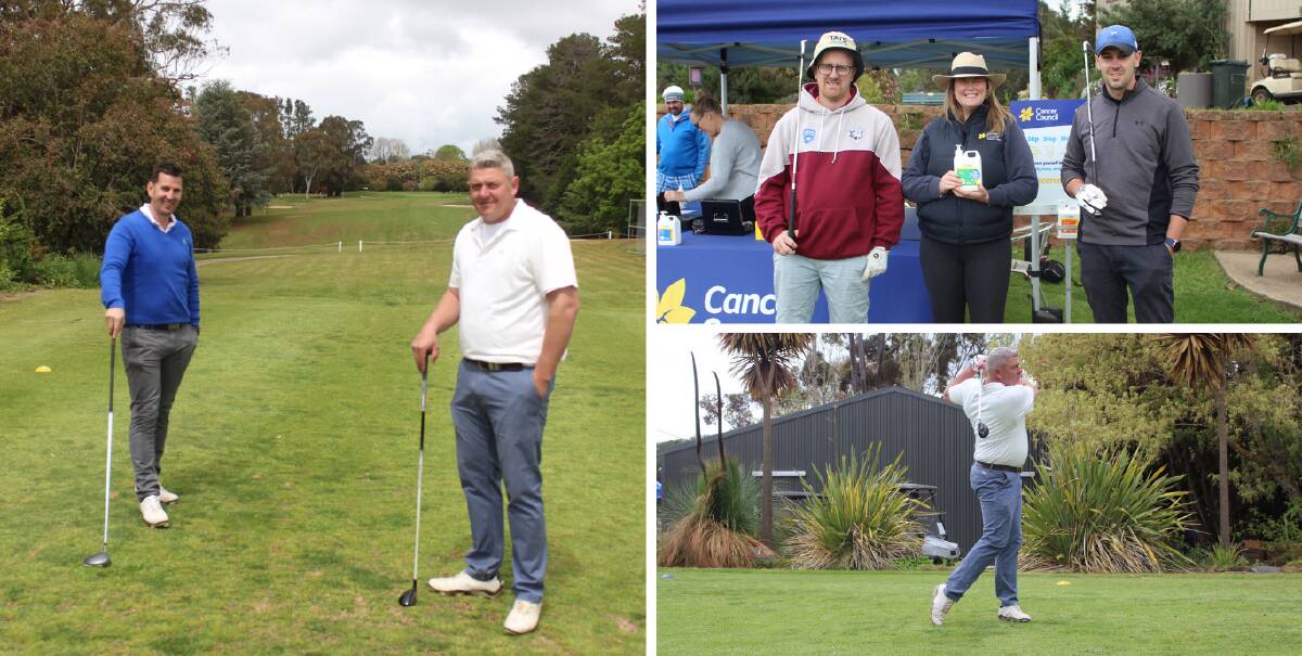 OFF AND RACING: Michael Paddinson and Brett Gordon, with Brett Gordon teeing off at the first hole (bottom right), with Tim Smith, the Cancer Council's Bree Kelly and Brock Gannon. Photos: MAX STAINKAMPH