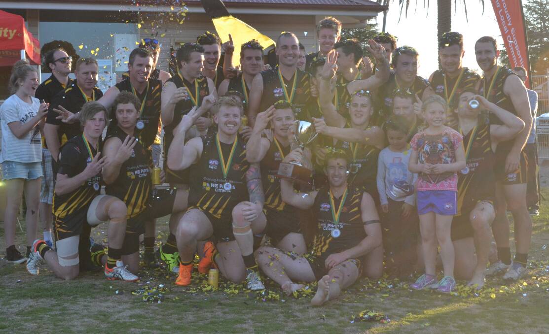 WINNERS: The Orange Tigers, with Chris Rothnie just right of centre, celebrate winning their third flag in a row in 2015. 