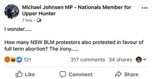 MP Michael Johnsen defends Black Lives Matter-abortion post