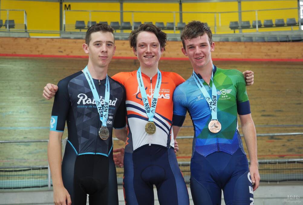 FINE FORM: Xavier Bland (middle) recently took home the gold medal at the NSW Elimination Track Championships at Dunc Grey Velodrome. Photo: SUPPLIED.