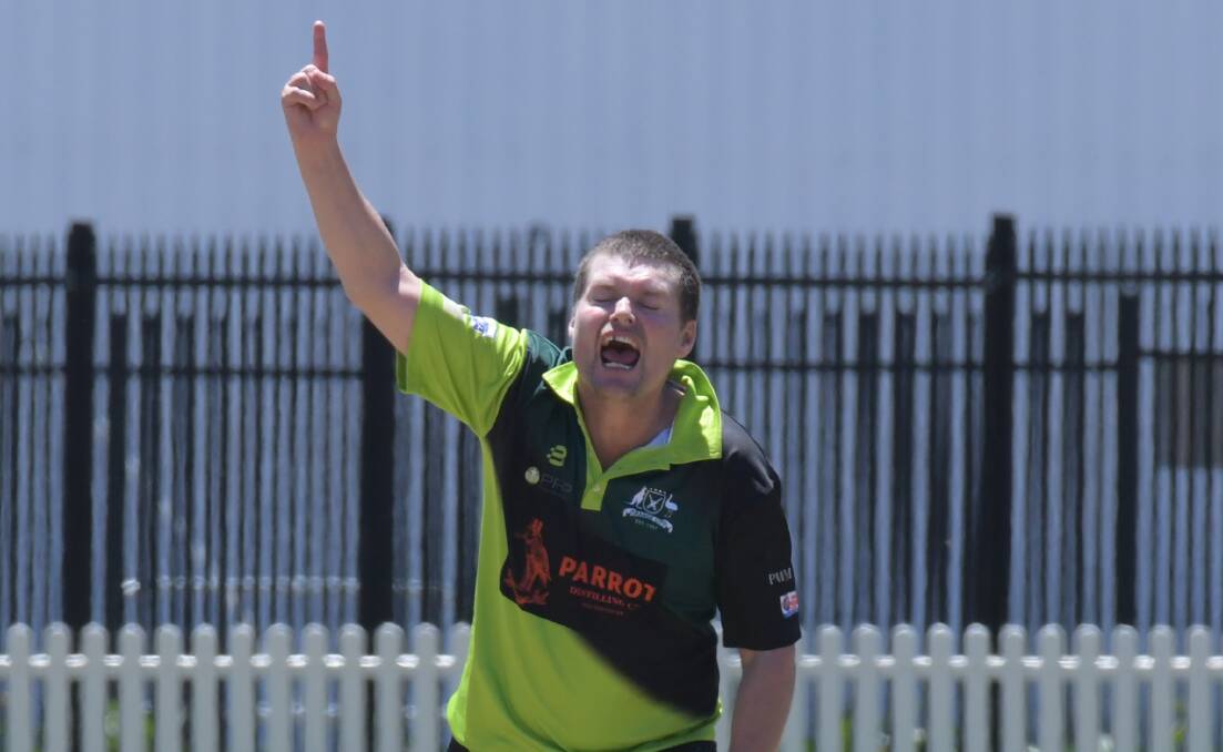 YOU BEAUTY: Hat-trick hero Andrew Rutledge celebrates one of his three wickets against Bathurst City. Picture: CARLA FREEDMAN.