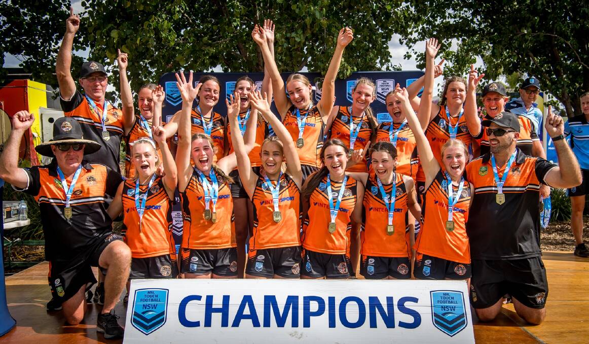 GRINNERS: The winning under 18s girls Orange Thunder were delighted after taking home the JSC Southern Conference title. Photo: NSW TOUCH FOOTBALL.