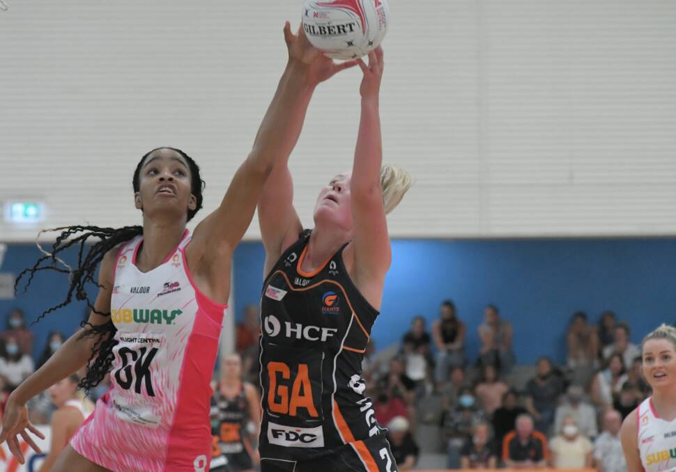 CLOSE GAME: Shamera Sterling (GK) proved why she is one of the best defenders in the world in the Thunderbirds' game against the Giants. Photo: JUDE KEOGH