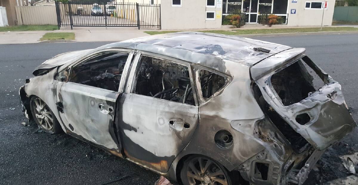 DESTROYED: The car was set alight in Blayney at about 4am on February 17, 2019. Photo: CENTRAL WEST POLICE DISTRICT.
