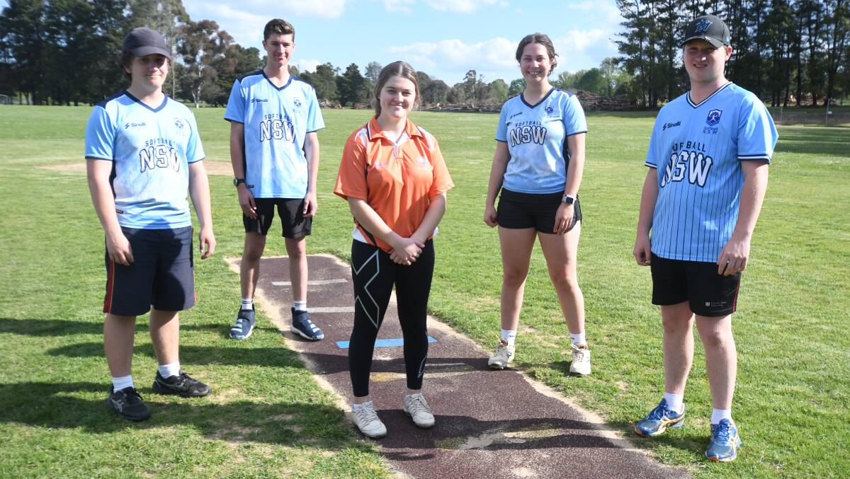 HOT SHOTS: Finley Gutherson, Mitch Crossman, Alana Tracey, Ineke Keed and Ky Hurst will trial for the NSW state softball teams. Photo: JUDE KEOGH.