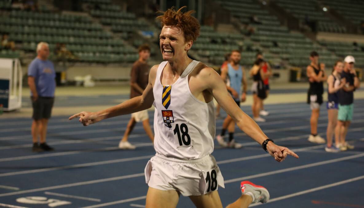 Connor Whiteley was as happy as you could be after taking out the NSW State Championship 5000m victory. Picture by Greg Griffis/Athletics NSW. 