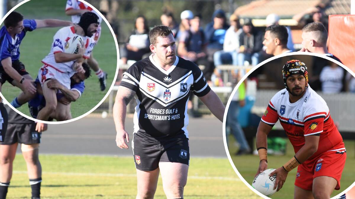 BIG NEWS: Ben Robinson (middle) came out of retirement in 2022 to have another run with Forbes, but has now made the move to Trundle, while Manildra's Will Petrie and Peak Hill's Cody Bruce (insets) will look to come away with the victory when the two sides clash.