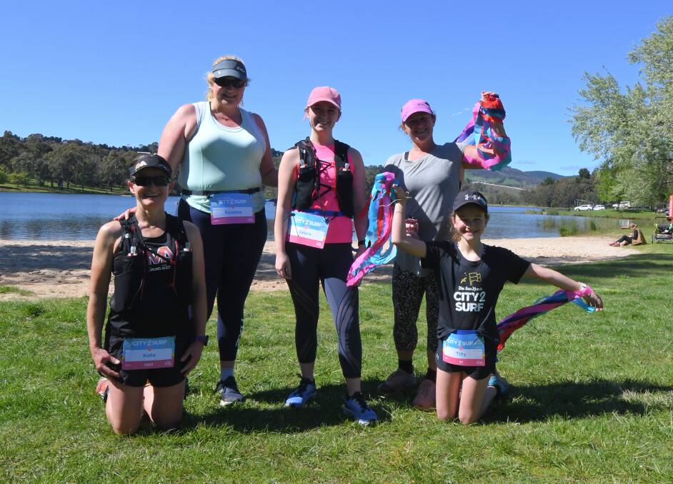 COMPLETED: Kate Thornton, Ruanna Levi, Grace King, Tilly Thornton and Mindy Smith at the finish line of the virtual City 2 Surf. Photo: CARLA FREEDMAN.