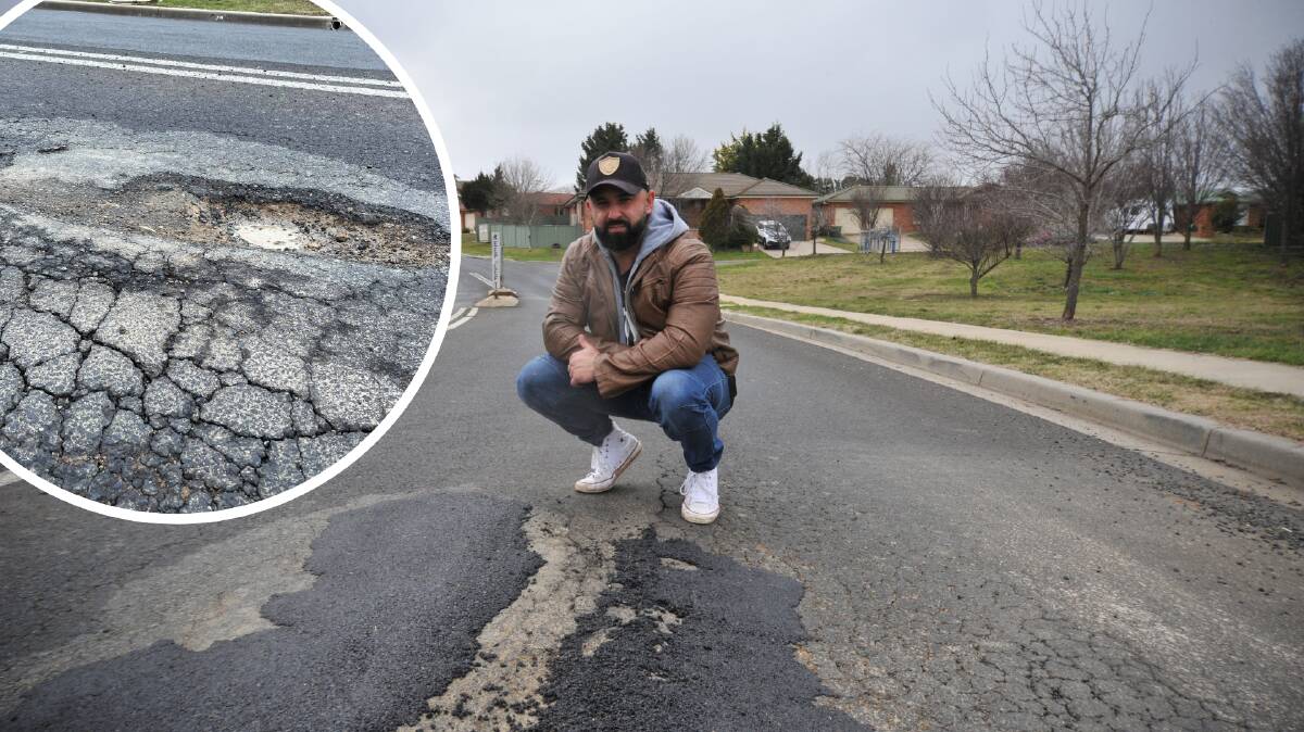 CRASH: James Doueihi at the sight of where the pothole had been filled in compared the how the pothole looked before (inset). Photo: CARLA FREEDMAN.