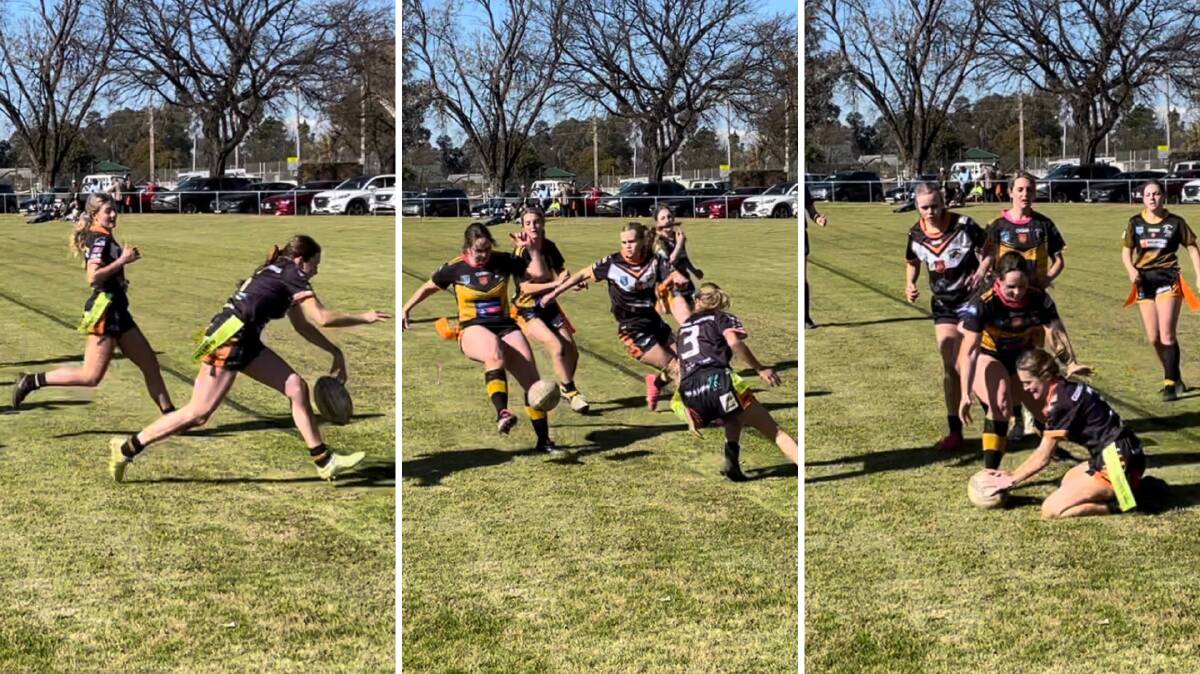 Lillian Harrison and Kyra Fisher combined to give the Canowindra Tigers their second try of the game. Pictures by Riley Krause