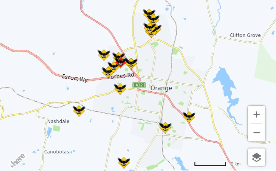 DUCK AND COVER: Magpie swoops that have been logged in Orange so far this season. Photo: MAGPIE ALERT.