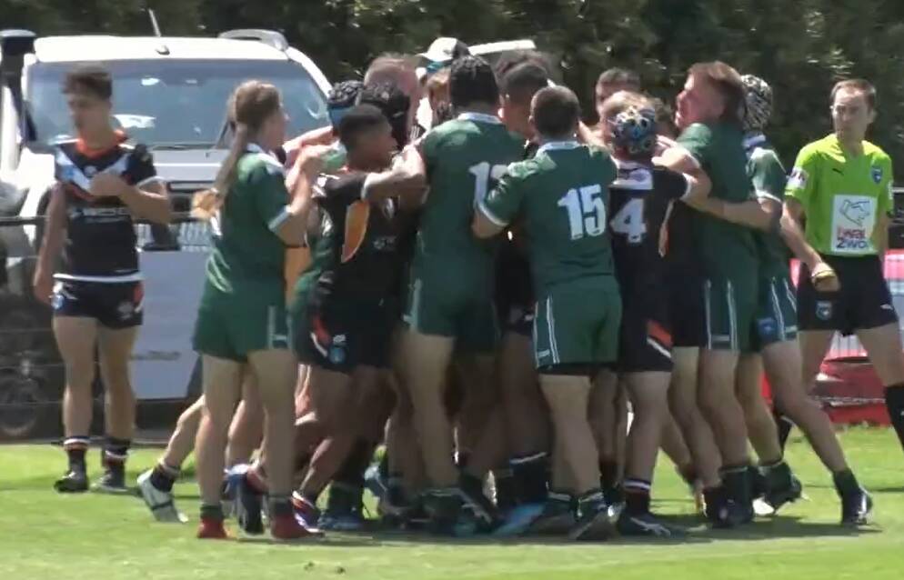 FIRED UP: A skirmish after the Rams' first try led to two Tigers sinbinned and Rams hooker Bermingham sent off.