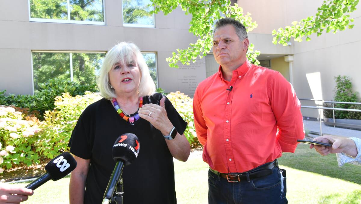 Push for Palliative president Jenny Hazelton and Orange MP Phil Donato spoke to media outside the Orange City Council building on Thursday. Picture by Carla Freedman.