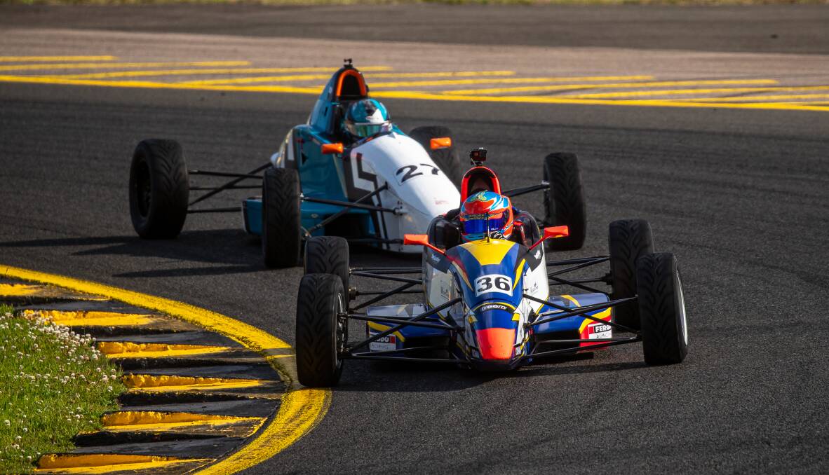 BATTLE: Cody Burcher's (front) return to the track didn't go quite as planned when he took to Sydney Motorsport Park over the weekend for the NSW Formula Ford Championship. Photo: INSYDE MEDIA.