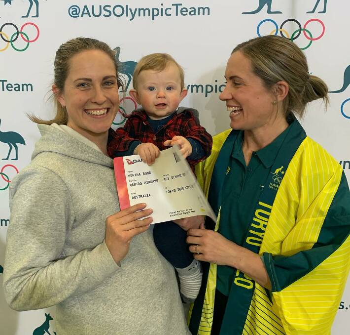 GOING FOR GOLD: Twin sisters Meredith and Eddie Bone as well as Meredith's son Lincoln were over the moon at Eddie's selection in the Hockeyroos squad to travel to the Olympic Games. Photo: SUPPLIED. 