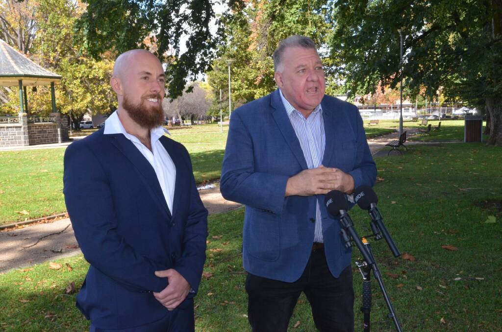 SPEECH: United Australia Party candidate for Calare Adam Jannis and party leader Craig Kelly were in Orange on Wednesday and addressed the media at Robertson Park. Photo: RILEY KRAUSE.