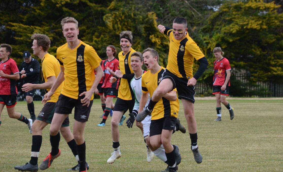 TOO GOOD: Caleb Frecklington celebrates what was the winning goal for Orange High School against Dubbo College. Photo: RILEY KRAUSE 