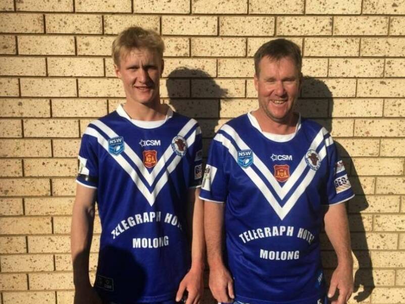 DYNAMIC DUO: Jett and Kurt Fraser joined forces for the first time on the football field as the father and son duo came away with a Woodbridge Cup victory for Molong against Cargo. Photo: SUPPLIED.