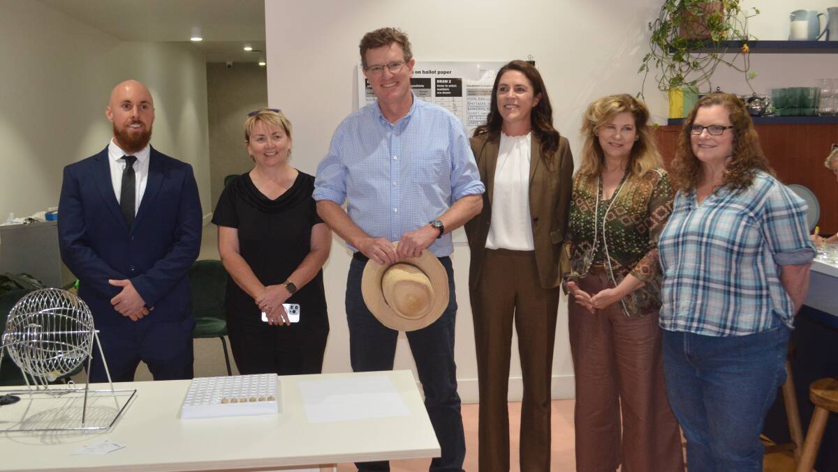 SET IT STONE: Adam Jannis, Stacey Whittaker, Andrew Gee, Kate Hook, Kay Nankervis and Sarah Elliott were all in attendance for the Calare ballot draw. Photo: RILEY KRAUSE.