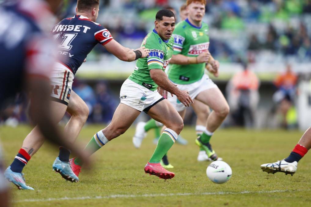 TOUGH: Canberra Raiders' halfback Jamal Fogarty will mark four games in green against Newcastle. Picture: KEEGAN CARROLL