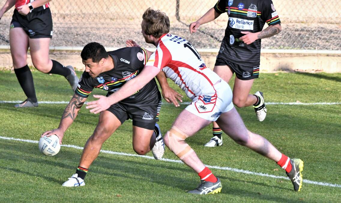 SHOCK LOSS: Abel Lefaoseu crosses for the Bathurst Panthers' first try on Sunday. The Bathurst club would ultimately go down for the first time this season, 24-16, to the Mudgee Dragons. Photo: CHRIS SEABROOK