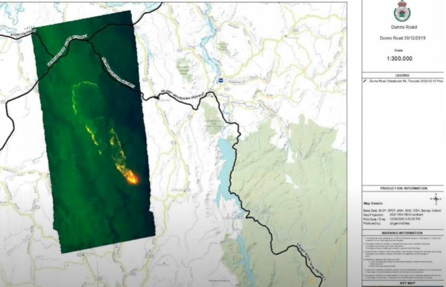 A thermal image on day two of the Dunns Road fire, after it had spread nearly 80 kilometres. Picture: NSW Coroners office
